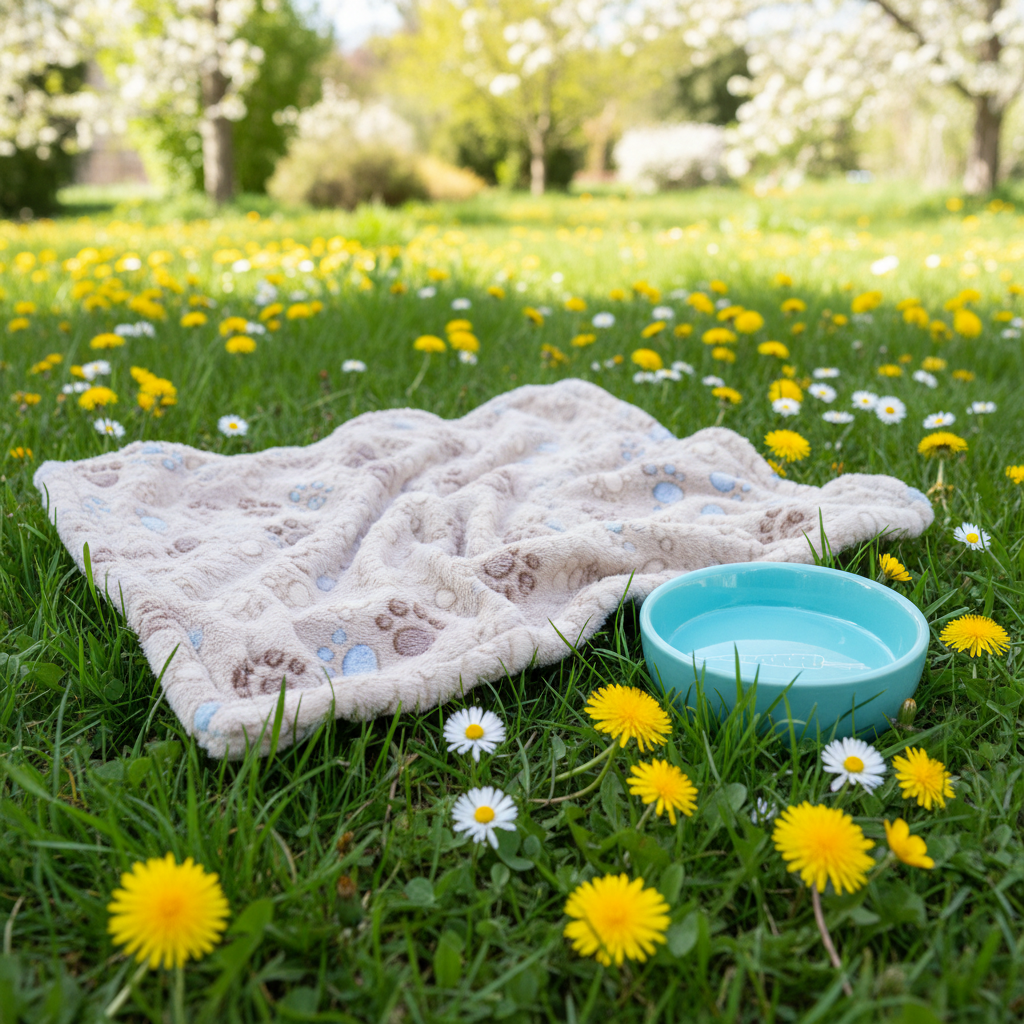 Plaid crème gerafft & Napf türkis – Frühlingswiese